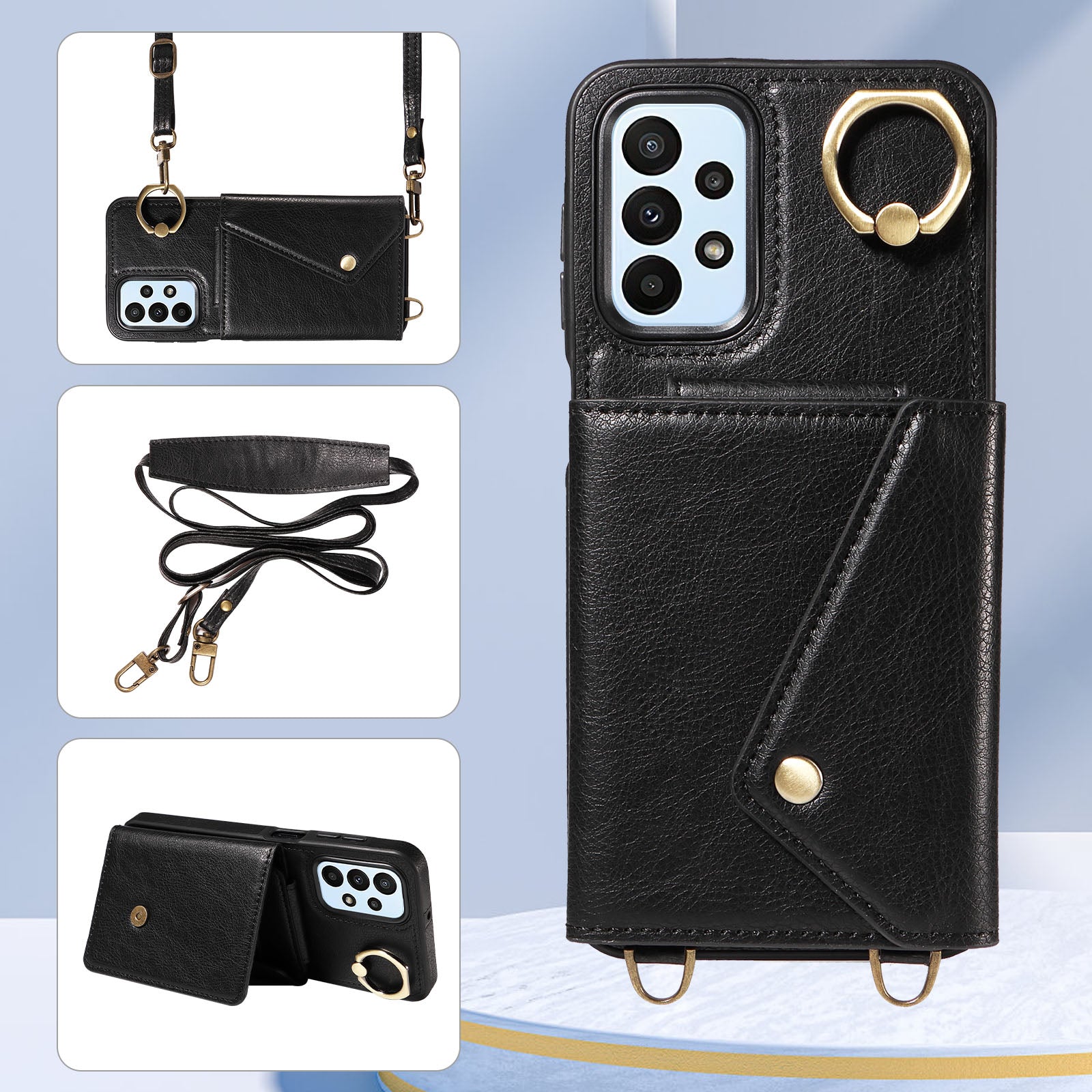 002 For Samsung Galaxy A23 4G A23 5G (Global Version) Back Cover Card Bag Ring Kickstand Litchi Texture Leather Coated TPU Phone Case with Shoulder Strap 002 For Samsung Galaxy A23 4G A23 5G (Global Version) Back Cover Card Bag Ring Kickstand Litchi Texture Leather Coated TPU Phone Case with Shoulder Strap